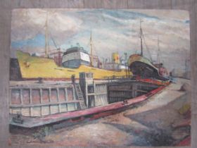 DEREK EXELL (XX) An unframed oil on board of a shipyard. Signed bottom left and dated ’59. 60cm x
