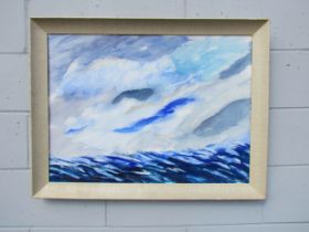 SIMON LISSIM (1900-1981) A framed gouache on board depicting waves and sky in blues. Signed bottom
