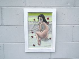 KRYS LEACH (b.1958) 'Rosebud' - A framed and glazed oil, acrylic and pencil on printed fabric
