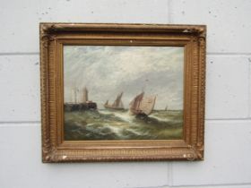 EDWIN HAYES RHA (1820-1904) An ornate gilt framed oil on canvas, boats coming into harbour on