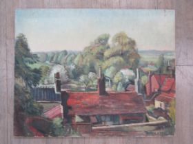 DEREK EXELL (XX) An unframed oil on canvas ‘Orchards and Rooftops, Beccles’. Signed bottom right.