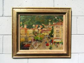 MICHAEL GILBERY (1913-2000) An ornate framed oil on board, 'Como Town, Italy'. Signed bottom left.