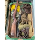 A box of mainly British military equipment including 1907 bayonet, scrim scarf, 1939 pattern belt,