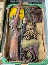 A box of mainly British military equipment including 1907 bayonet, scrim scarf, 1939 pattern belt,