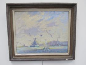 DENNIS ROY HODDS (1933- 1987) A framed oil on board of 'H.M.S Yarmouth At The Falklands'. Signed