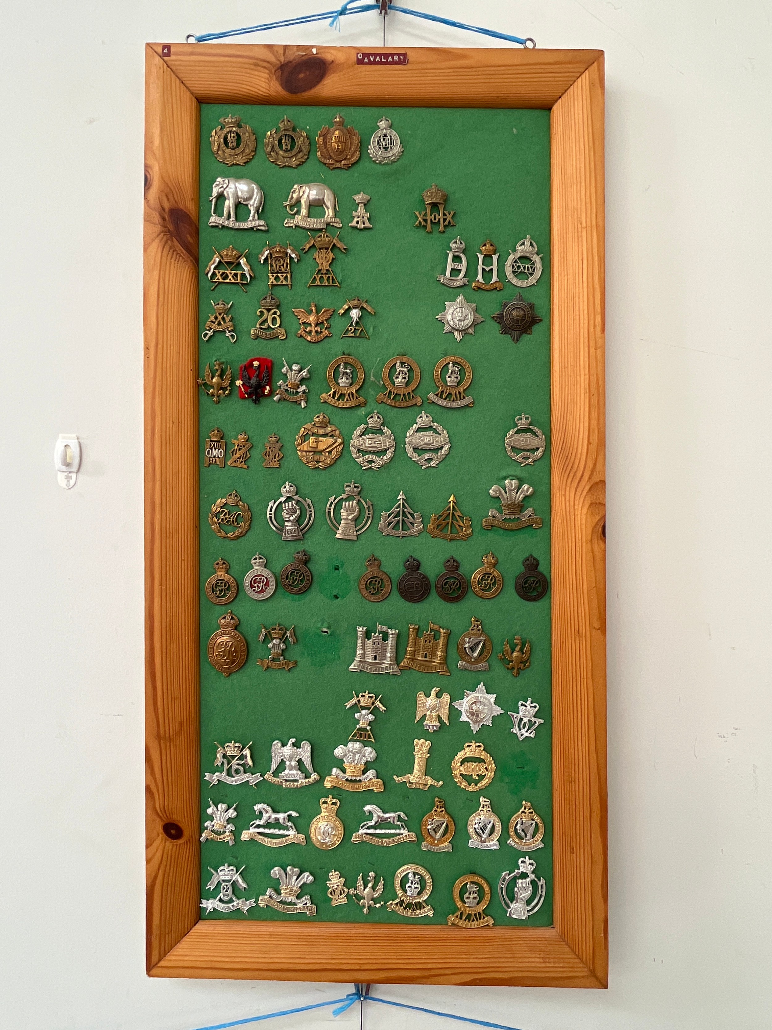 A board of mainly cavalry regiment badges including tank corps and various staybrites
