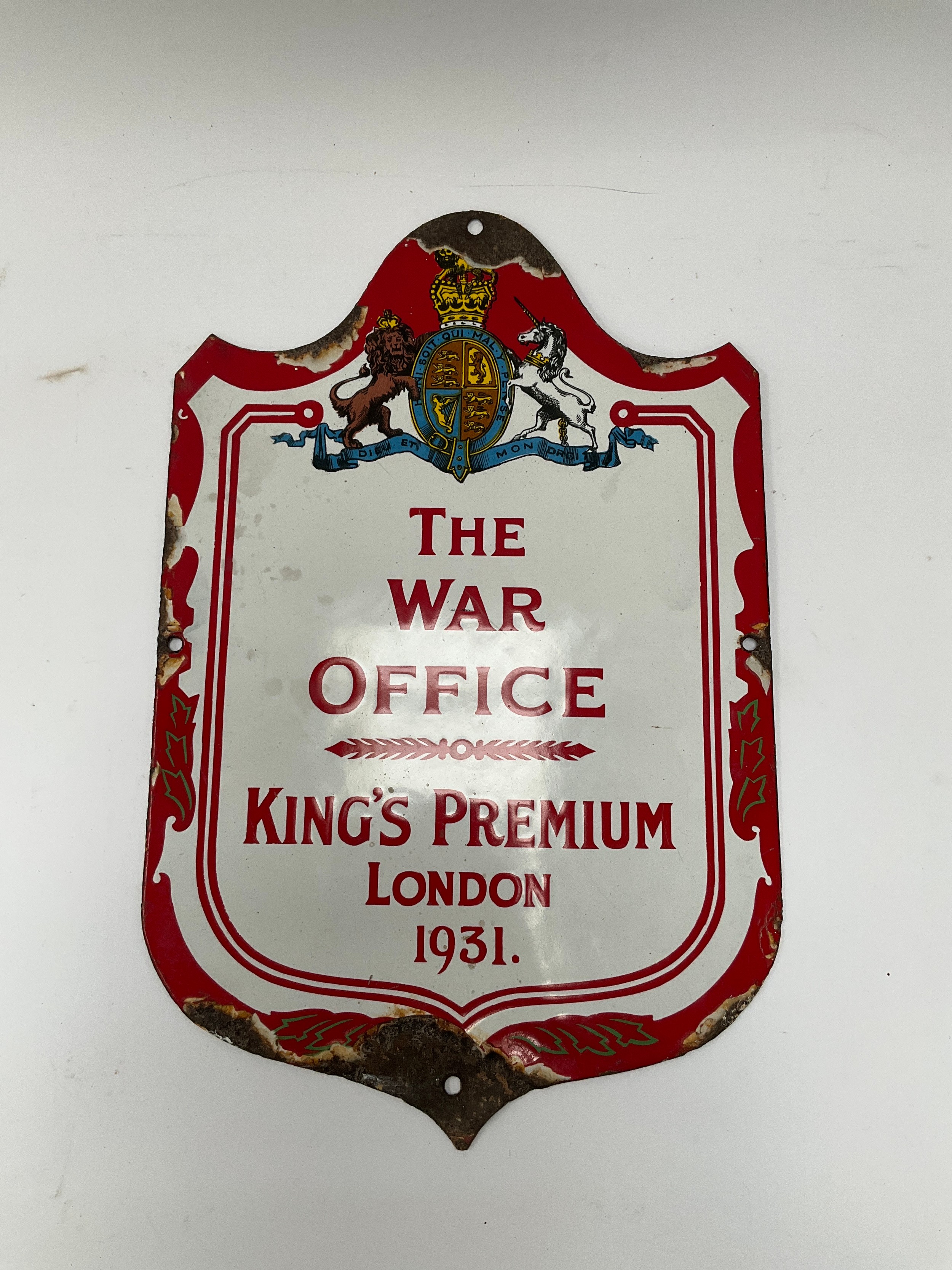 Enamel Advertising Sign THE WAR OFFICE KING'S PREMIUM LONDON 1931