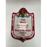 Enamel Advertising Sign THE WAR OFFICE KING'S PREMIUM LONDON 1931