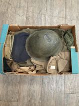 A box of post war British Army uniform, equipment, helmet etc