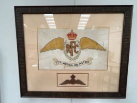 A WWI RFC (Royal Flying Corps) embroidery, framed and glazed