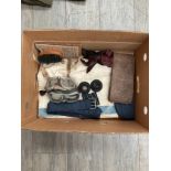 A box of RAF items including kit bag, side cap, and goggles etc