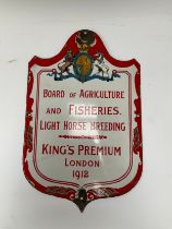 A Board of Agriculture and Fisheries Light Horse Breeding 'King's Premium London 1931' enamel sign