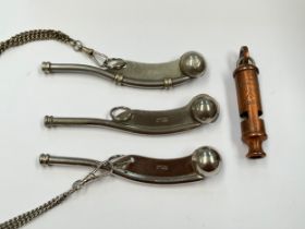 Three bosuns whistles including one with WD mark, together with a copper Hudson whistle (4)
