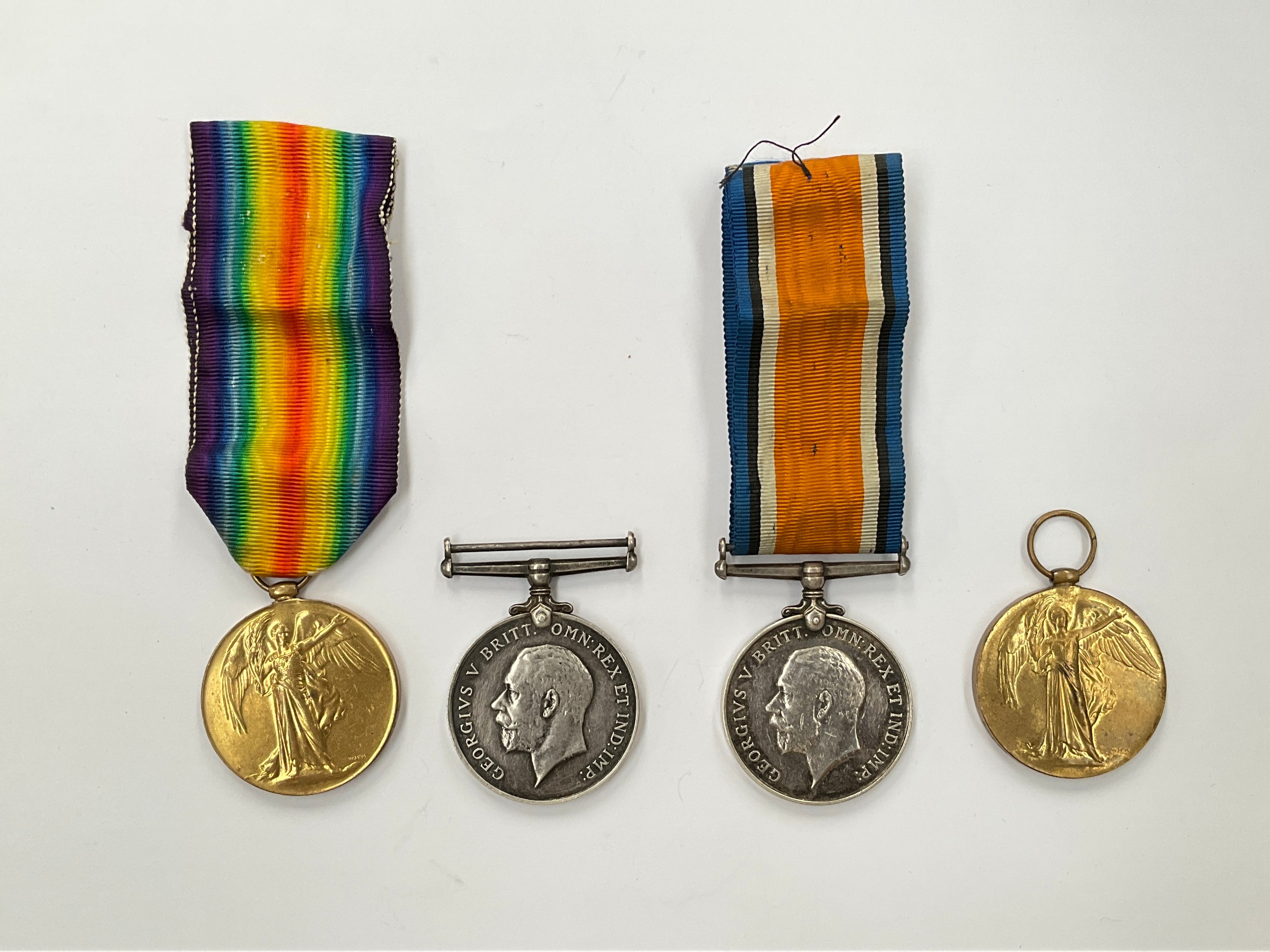 Two pairs of WWI medals named to 51113 PTE. A. MORTER SUFF. R. (Casualty, killed 28.03.1918, 2nd Bn.