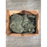 A box of 1957 pattern webbing including haversacks, pouches, binocular case and entrenching tool etc