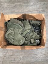 A box of 1957 pattern webbing including haversacks, pouches, binocular case and entrenching tool etc