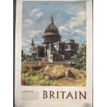 A 1950s original travel poster, Britain - London, depicting St. Paul's Cathedral, published by The
