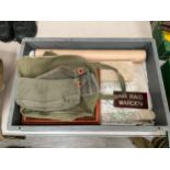 A box of miscellaneous Militaria including WWII maps, Joe Crowfoot signed prints and reproduction