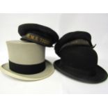 A Leonards London black opera hat, a black bowler hat, a Woodrow Piccadilly London grey felt top