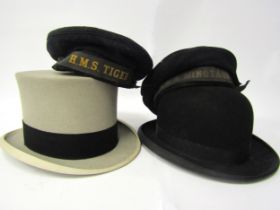 A Leonards London black opera hat, a black bowler hat, a Woodrow Piccadilly London grey felt top