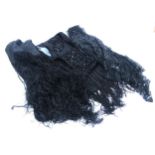 A box containing Victorian beadwork, two pieces of black lace, two black evening shawls, an early
