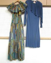 A Hildebrand fabric by Liberty coloured stripe pattern full length dress, off the shoulder with yolk