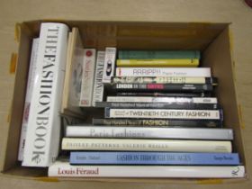 A box of books relating to fashion including "The Fashion Book", Phaidon and "The Kashmir Shawl
