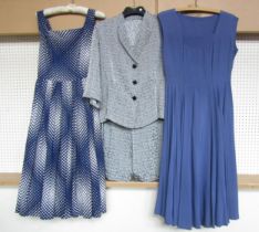 Two 1950's summer dresses in blue hues and a 1950's light grey floral two piece skirt suit