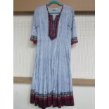 New Biba navy and white cotton "festival" dress, scarlet trim mirrored roundels to dress front and