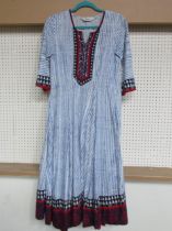 New Biba navy and white cotton "festival" dress, scarlet trim mirrored roundels to dress front and