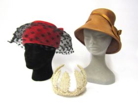 Six 1950s and 60's ladies hats in various styles and materials to include sisal, chiffon, raffia and