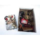 A mixed box of ladies bijouterie and gents toiletry items including a travel shaver container in a