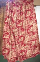 A pair of Toile de Jouy curtains, terracotta ground, classical country figural scenes, triple