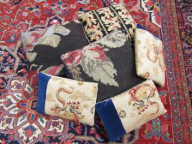 Three Kilim cushions together with three matching embroidered Oriental style rectangular cushions,
