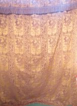 A pair of bronze and plum heavy curtains bearing a heraldic design with a motto Pro Imperator et
