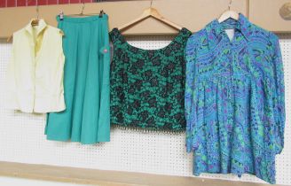 Four items of mid century clothing to include a bright green cotton "A" line skirt with 2 deep patch