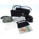 Two boxes containing an assortment of handbags and evening bags including a hand sewn Petit Point