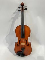 An Ernest Cowell violin full size (4/4) dated 1972, cased with bow, split to headstock
