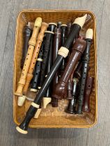 A box of mixed recorders together with a box of mixed instruments and accessories including