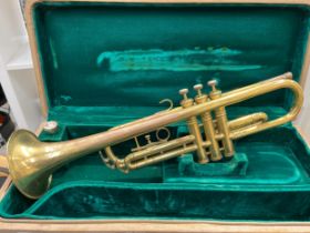 A 1930's brass trumpet, no maker, cased