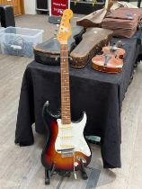 A Fresher Straighter Stratocaster style electric guitar, sunburst body, with Yamaha G1D synth pickup