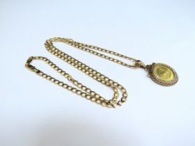 A 9ct gold flatlink neckchain, 50cm long, hung with a 1/10oz Krugerrand in gold pendant mount, 11.3g