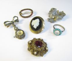 A moonstone and turquoise ring, marcasite fob watch, cameo brooch etc