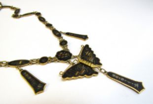 A Japanese Damascene necklace with a butterfly drop, 48cm long