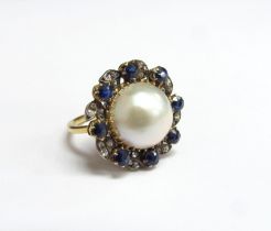 A gold Mabe pearl, sapphire and diamond cluster ring, unmarked. Size P, 7.3g