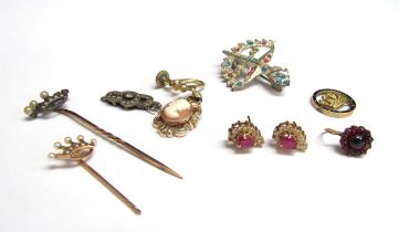 A pair of ruby and diamond cluster earrings, stick pins a/f, etc