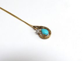 A 9ct gold chain, 44cm long hung with a turquoise and diamond pendant, 2g