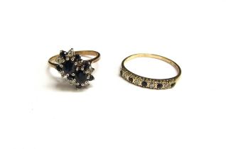 Two 9ct gold sapphire and diamond rings, cluster and half hoop, sizes M/N and T, 4.2g
