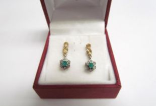 A pair of emerald and diamond drop earrings, 1.7cm drop, 1.6g