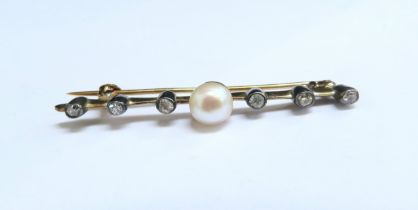 A diamond and pearl set bar brooch, unmarked, 4.8cm long, 2.9g